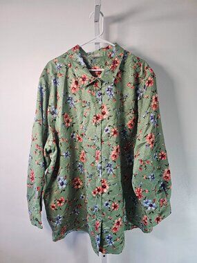 Woman Within Blouse Button Up Green Floral Sueded Casual 3X
